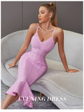 Women Summer Pink Bandage Dress 2022 Spaghetti Strap Mermaid V-Neck Midi Clubwears Celebrity Evening Party Dress Vestidos