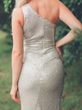 One Shoulder Silver Navy Stretchy Party Dress Sequin Hollow Out Split Leg Floor Length