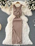 Summer Hollow Out Twisted Back Sleeveless High Slit Sexy Women Knitted Dress