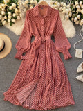 French Vintage Maxi Dress Sundress Ladies Long Sleeve Polka Dot Chiffon Pleated Dresses