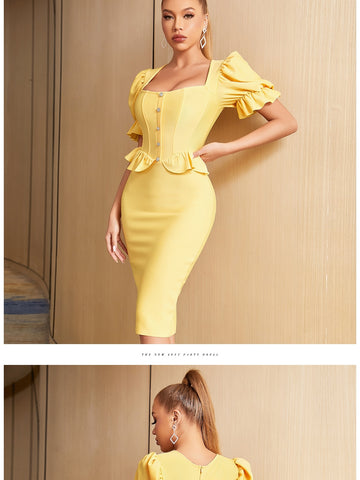 New Summer Women Bandage Dress Sexy Short Puff Sleeve Elegant Ruffles Evening Club Celebrity Party Midi Bodycon Dress