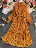 French Vintage Maxi Dress Sundress Ladies Long Sleeve Polka Dot Chiffon Pleated Dresses