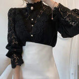 Vintage Solid White Lace Blouse Shirts Women Button Loose Shirt Tops Female Hollow Casual