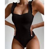 New Sexy Female Swimsuit Vintage One Piece Ruffled Push Up Solid Red Swimwear  Monokini Padded Bathing Suits