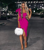 New Summer Fashion Women Bodycon Dress One Shoulder Bow Mesh Ruffle Sleeveless Bandage Dress Celebrity Party Evening Sexy