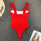 New Sexy Female Swimsuit Vintage One Piece Ruffled Push Up Solid Red Swimwear  Monokini Padded Bathing Suits