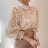 Vintage Solid White Lace Blouse Shirts Women Button Loose Shirt Tops Female Hollow Casual