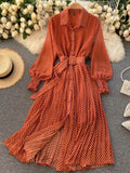 French Vintage Maxi Dress Sundress Ladies Long Sleeve Polka Dot Chiffon Pleated Dresses