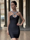 Women Summer Sexy Backless Halter Sequined Diamonds Sparkly Black Bodycon Bandage Dress 2022 Elegant Evening Club Party Dress