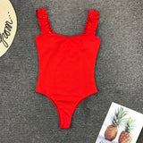 New Sexy Female Swimsuit Vintage One Piece Ruffled Push Up Solid Red Swimwear  Monokini Padded Bathing Suits