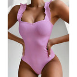 New Sexy Female Swimsuit Vintage One Piece Ruffled Push Up Solid Red Swimwear  Monokini Padded Bathing Suits