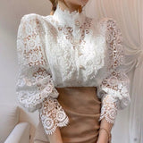 Vintage Solid White Lace Blouse Shirts Women Button Loose Shirt Tops Female Hollow Casual