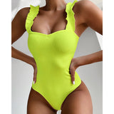 New Sexy Female Swimsuit Vintage One Piece Ruffled Push Up Solid Red Swimwear  Monokini Padded Bathing Suits