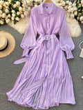 French Vintage Maxi Dress Sundress Ladies Long Sleeve Polka Dot Chiffon Pleated Dresses