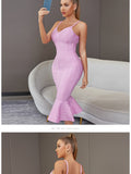 Women Summer Pink Bandage Dress 2022 Spaghetti Strap Mermaid V-Neck Midi Clubwears Celebrity Evening Party Dress Vestidos