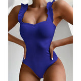 New Sexy Female Swimsuit Vintage One Piece Ruffled Push Up Solid Red Swimwear  Monokini Padded Bathing Suits