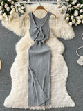 Summer Hollow Out Twisted Back Sleeveless High Slit Sexy Women Knitted Dress