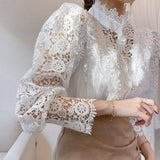 Vintage Solid White Lace Blouse Shirts Women Button Loose Shirt Tops Female Hollow Casual