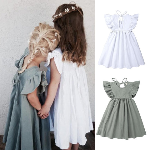 0-6Y Toddler Kids Baby Girl Autumn Dress Ruffles Sleeve Solid Cotton Linen Party Casual Dress Clothes