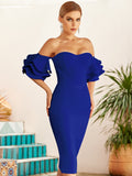 New Summer Women Blue Off Shoulder Bodycon Bandage Dress Sexy Butterfly Short Sleeve Hot Celebrity Runway Party Dress