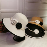 French retro elegant straw hat Hepburn pearl flower seaside holiday beach hat sunshade sunblock hat lady